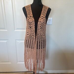 Kori America Boho Embroidered Crochet Peach Fray Western Vest Cardigan